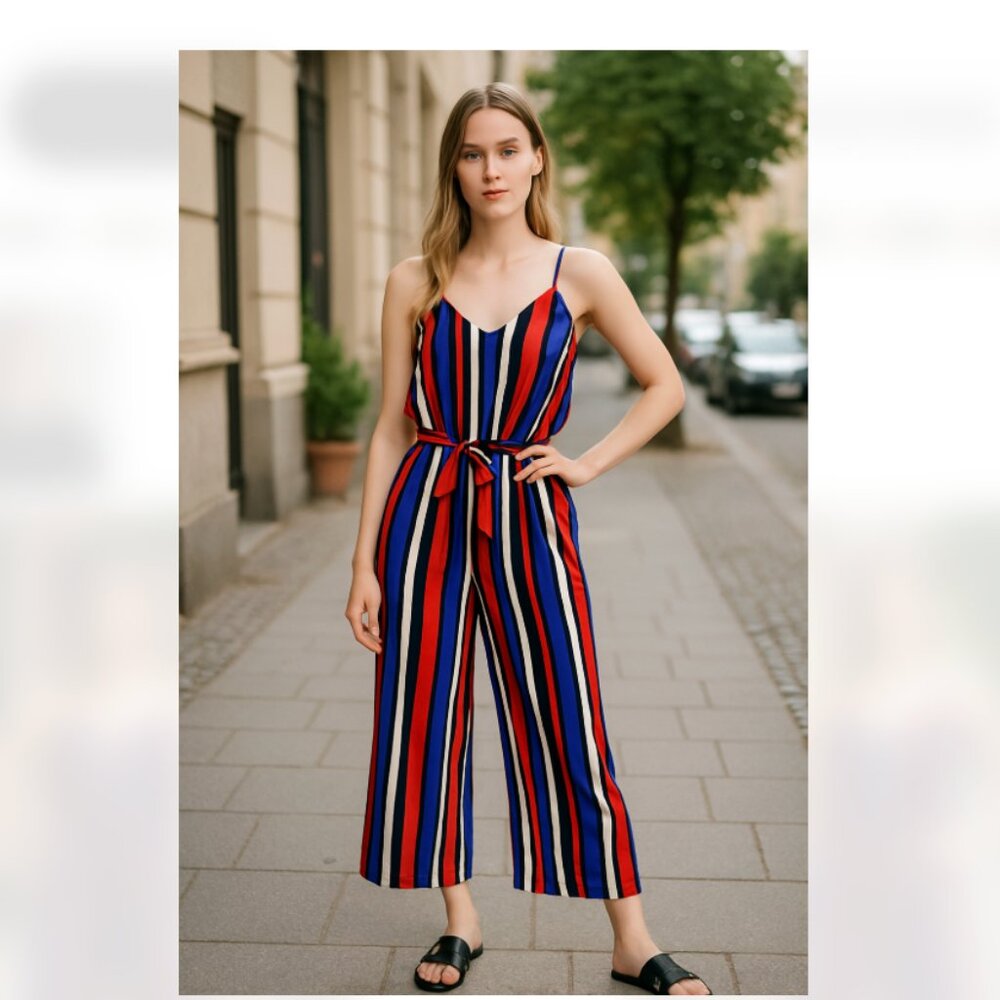 NWOT CAUTION TO THE WIND STRIPED Belted JUMPSUIT M